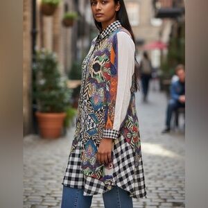 Paris Mixed Media Multicolor Abstract Long Sleeve Patterned HiLo Shirt Dress EUC